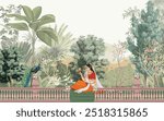 Mughal queen sitting in Garden. Vintage wallpaper with garden arch place illustration.