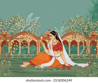 Mughal queen sitting in Garden. Vintage wallpaper with garden arch place illustration.