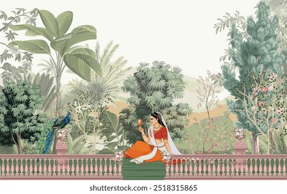 Mughal queen sitting in Garden. Vintage wallpaper with garden arch place illustration.