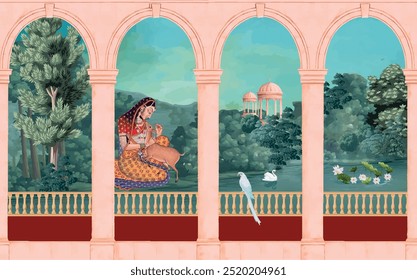 Mughal queen sitting in Garden. Vintage wallpaper with garden arch place illustration.