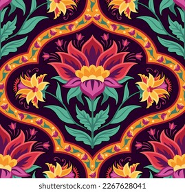 Mughal seamless floral pattern. Repeating traditional Indian ornament with flowering plants, leaves and geometric shapes. Design element for wallpaper and textile. Cartoon flat vector illustration