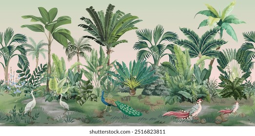 Mughal Seamless Garden Wall Illustration, Tropical Tree, Birds, Peacock.