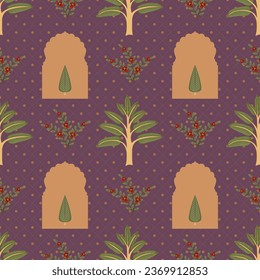 Mughal seamless pattern , mughal art pattern jharoka floral motif mughal floral print for print on demand , textile , crockery wallpaper stationary