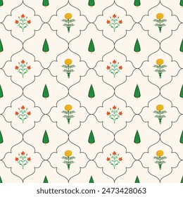 Mughal seamless pattern , mughal art pattern jharoka floral motif mughal floral print for print on demand , textile , crockery wallpaper stationary