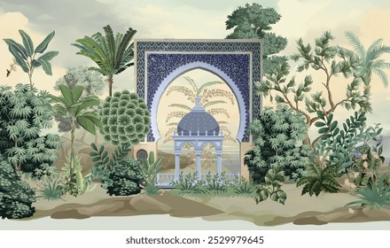 Mughal style garden illustration, Mughal Wallpaper, Mughal Arch, Mughal Garden Illustration.
