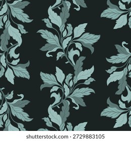 Mughal style ornamental leaf pattern inspired by traditional miniature paintings and historic garden decoration. Decorative foliage branches with intricate botanical forms on a dark background. Ethnic and oriental floral ornament with antique, heritage, and vintage aesthetics. Seamless vector illustration suitable for textile, carpet, embroidery, wallpaper, surface, and decorative design.