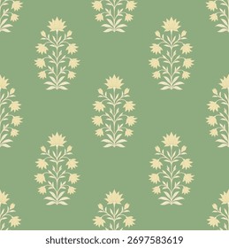 Patrón textil mogol con flores estilizadas de color rosa. Patrón de flores de Antiguas con flores ornamentales en tonos rosados y verdes.