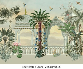 Mughal Traditioneller Bogen, Mughal Garten, Aquarell Hintergrund, Vögel und Blumen.