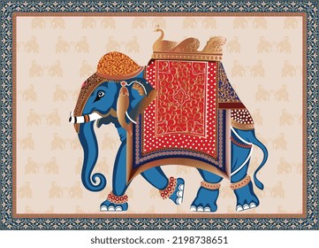 Mughal Traditional decorative Elephant caravan vector illustration frame pattern