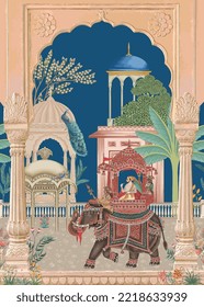 Mughal Jardín tradicional, arco, pavo real, ave, planta con emperador montando elefante ilustración vectorial para papel pintado