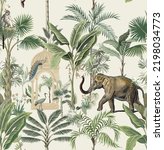 Mughal traditional garden, elephant ride, caravan. Traditional tropical seamless pattern vector
