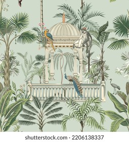 Mughal traditionellen Garten, Elefantenfahrt, Caravan. Traditionelle tropische nahtlose Chinoiserie-Muster, Vektorgrafik