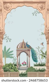 Mughal traditional garden with peacock, bird, flower and temple pattern illustration