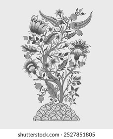 Mughal tree decorative ornamental floral. Vintage intricate traditional mughal style with flowers and foliage. Vector illustration.