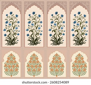 Mughal Wall Decoration, Mughal Seamless Wallpaper for print, Mughal Flower, Mughal Border.