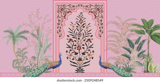 Mughal Wall Mural Design, Seamless Background, Mughal Arch with Fkowers, Peacock, Plants.