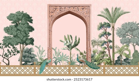 Mughal wall Mural Illustration, Mughal Wall, Mughal Arch, Peacock, Seamless Design.