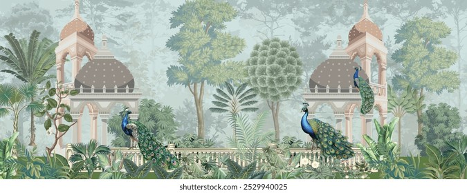 Ilustração Mural de parede mogol, Ilustração de jardim mogol, Pavão, Arco, Cúpula mogol.