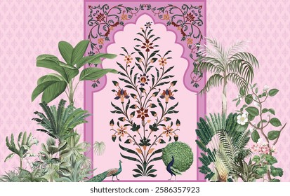 Mughal Wall Mural,Mughal Background Illustration, Mughal Wedding Background,Peacock.