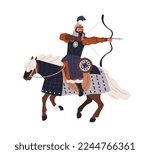 Mughal warrior, mounted archer riding horseback. Oriental Asian Mogul soldier with bow and arrow. Historical Medieval horse rider, bowman. Flat vector illustration isolated on white background