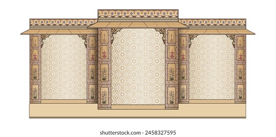 Mughal Wedding Arch structure. Can be used in the wedding stage backdrop, invitation card design. Vector illustration