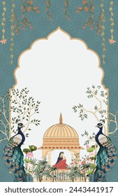 Mughal wedding card with arch frame and garden.