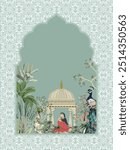 Mughal Wedding Card design, Mughal arch, Peacock, Dome, Groom.