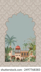 Mughal wedding card design, arch, Dome, Seamless Motif, Birds.