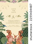 Mughal Wedding Card Design. Invitation card with tropical trees, peacock, king and queen, colorful flowers and yellow background for printing vector illustration.