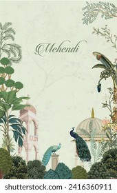 Mughal Wedding card Design, Invitation design for mehendi, Peacock, watercolor Background.