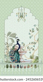 Mughal Wedding Card Design, Wedding invitation, Mughal garden, Peacock, Watercolor tree.