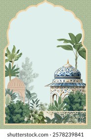 Mughal Wedding Card Design, Wedding Card For Invitation, Mughal Invitation, Mughal Garden Illustration.