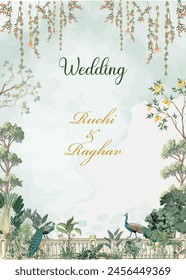 Mughal wedding card, Invitation for wedding, Flower, peacock, Mughal tree, Watercolor Background.