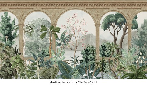 Ilustração De Jardim De Casamento Mogol, Casamento Indiano, Clássico,Grego,Colunata,Com,A,Balaustrada,E,Colunas,E,Arcos.3d