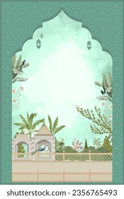 Mughal Wedding invitation card design template. Mughal temple with banana tree, peacock, birds, and tropical tree. vector illustration