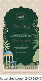 Mughal wedding invitation card design. Beautiful Indian wedding invitation card template design.