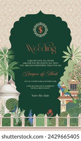 Mughal wedding invitation card design. Beautiful Indian wedding invitation card template design.