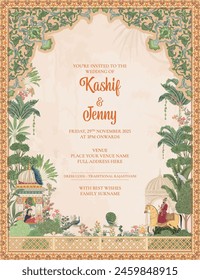 Mughal wedding invitation card design. Indian Mughal wedding invitation card for printing vector illustration