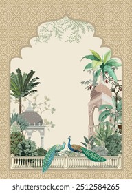 Mughal Wedding Invitation Card Design, Mughal Garden Illustration, Mughal Wall Mural, Peacock, Dome.