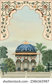 Mughal Wedding Invitation Card Design, Mughal Dome, Mughal Garden Illustration, Watercolor Background.