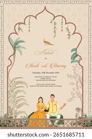 Mughal casamento convite cartão Design, Haldi Design para o convite de casamento, fundo de aquarela, Motivo Mughal, indiano Rajasthani papel de parede Mural Mughal Inspirado Tropical Canvas Painting, Jaipur.