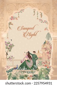 Mughal Wedding Invitation Card. Sangeet night invitation card design for printing vector illustration.