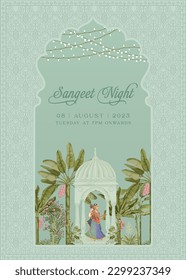 Tarjeta de invitación a la boda mogol.  Diseño de tarjeta de invitación nocturna Mughal Sangeet para imprimir ilustración vectorial.