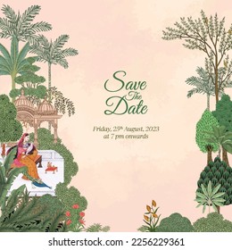 Mughal Wedding Invitation Card square shape. Invitation card for various wedding functions vector illustration. - Shutterstock ID 2256229361