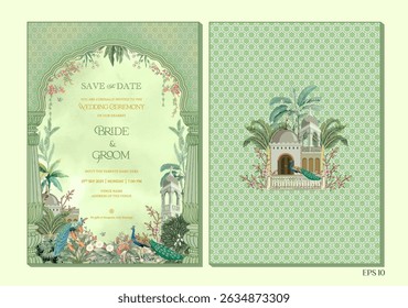 Mughal wedding invitation floral motifs, royal arches, peacocks, and traditional palace architecture a soft green background. Vector Illustration