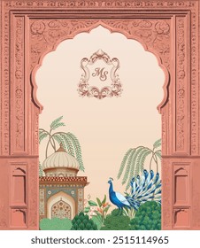 Diseño de Plantilla de invitación de boda Mughal. Diseño de tarjeta de invitación de Boda tradicional.