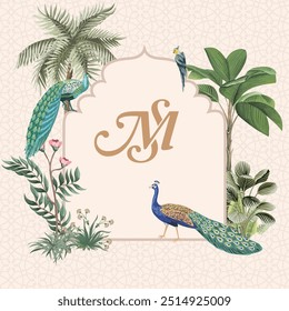 Mughal Wedding Monogram Design, Mughal wedding card, Logo, Mughal Wall Mural.