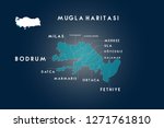 Mugla districts Bodrum, Dalaman, Datca, Fethiye, Kavaklidere, Koycegiz, Marmaris, Milas, Ortaca, Ula, Yatagan map, Turkey