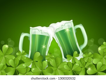 Mugs of beer and clover on a green background. St.Patrick 's Day