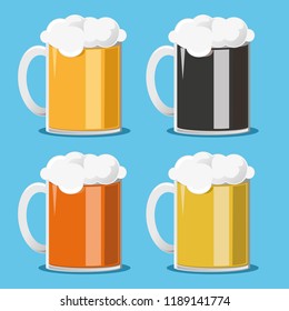 Mugs of beer. Drink with a lot of foam. Icon set